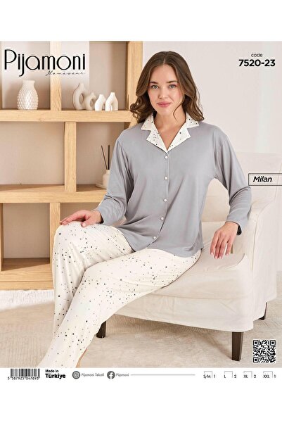 Pijamoni Kadın Milan Kumaş Uzun Kollu Düğmeli Pijama Takımı