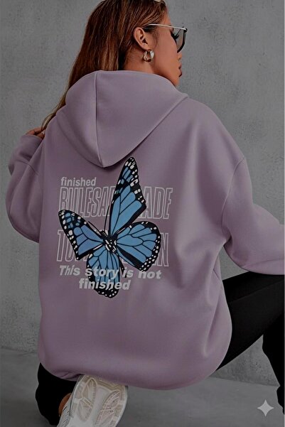 NO 601 Hanorac cu glugă pentru femei, liliac, cu fluture scris pe spate, cu i...