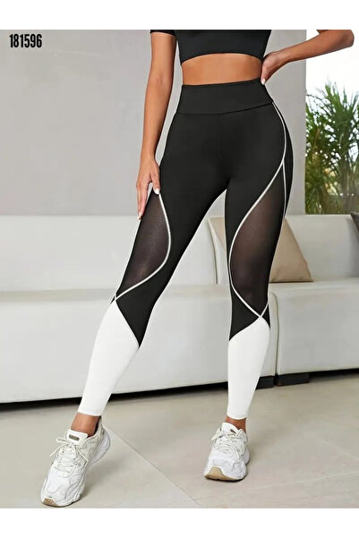 Modayakamoz Kadın Yüksek Bel Nefes Alan Yan Tül Detaylı Çift Renk Spor Tayt