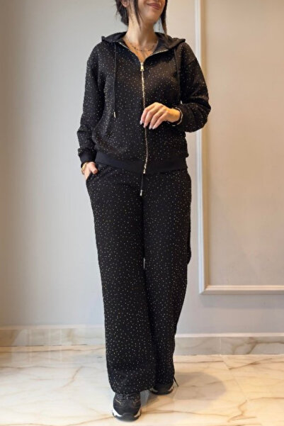 Modayakamoz Kadın Yumuşak Dokulu Viskon İki İplik Kapüşonlu Taşlı Eşofman Takımı