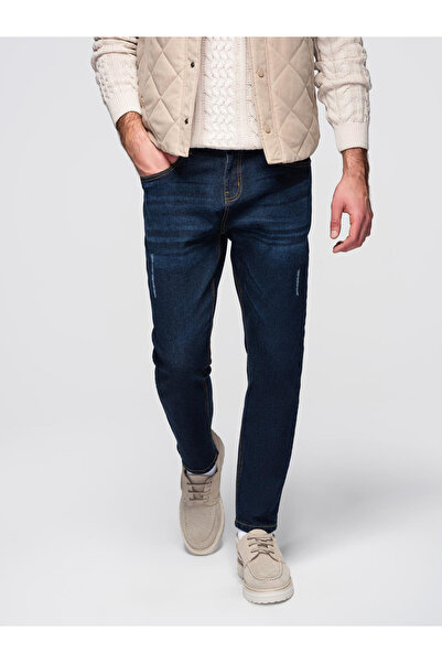 OMBRE Men's jeans with abrasions REGULAR FIT - dark blue V4 OM-PADP-0241