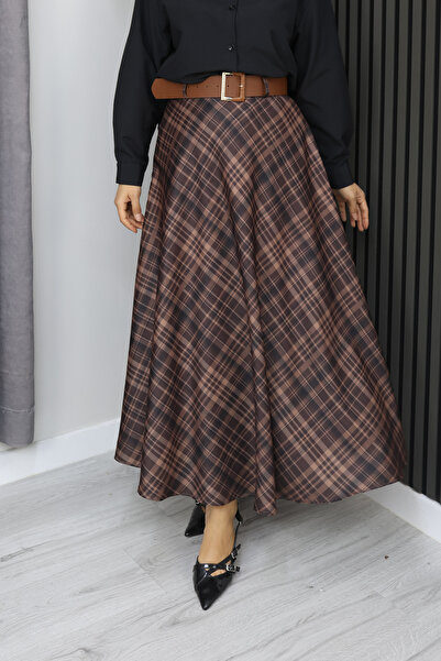 Grosh Fashion Ekose Desenli Uzun Etek – Kemer Detaylı