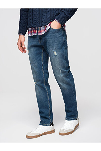 OMBRE Men's Regular Fit Jeans with Fading - Dark Blue V2 OM-PADP-0254