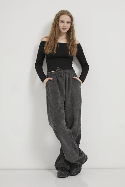 OIL PARK Kadın Cepli Beli Lastikli ve Bağcıklı Bol Paça Palazzo Kışlık Fitill...