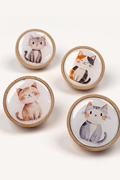 Kulpingo Sulu Boya Kedi Figürlü Ahşap Dolap ve Çekmece Kulpları – 4’lü Set