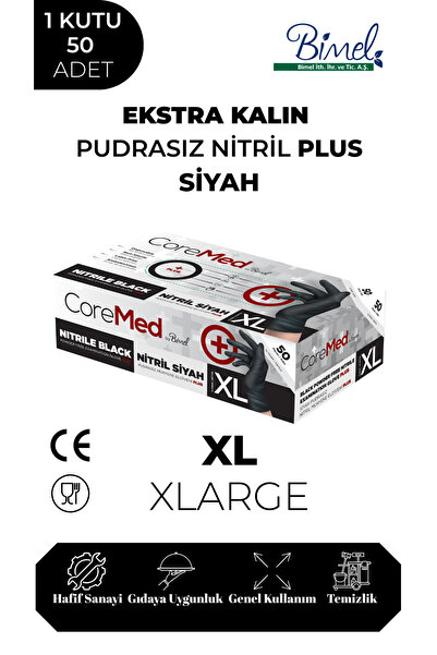 COREMED Ekstra Kalın Nitril Siyah Plus Muayene Eldiveni XL - 1 Paket 50'li