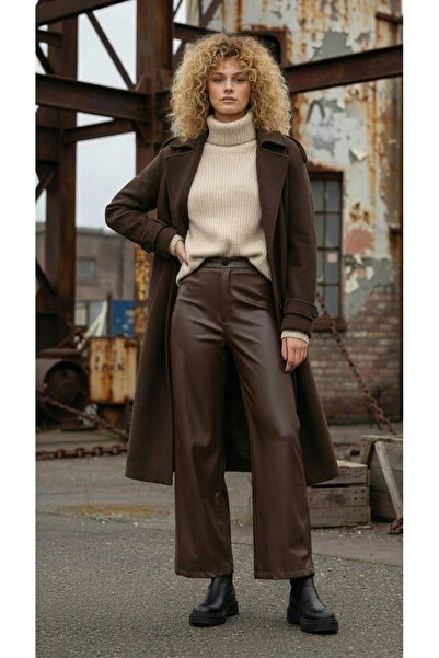 Grenj Fashion Brown Faux Leather Wide Leg/ Wide Leg Pocket Detailed Trousers