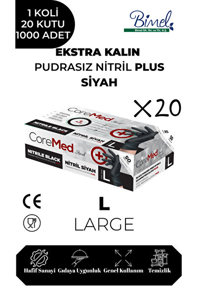 COREMED Ekstra Kalın Nitril Siyah Plus Muayene Eldiveni L - 1 Koli 20 Paket 5...