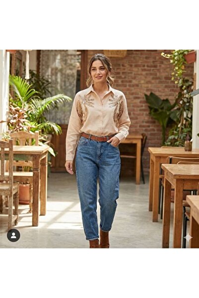CRYSTALİA Omuz Kısmı İşlemeli Bej Keten Gömlek