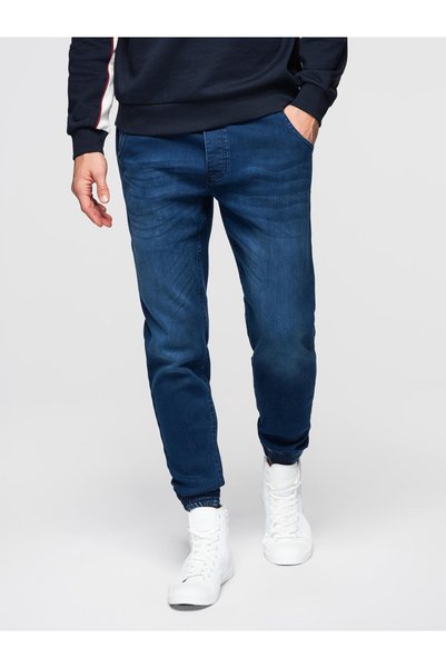 OMBRE Blugi jogger pentru bărbați cu talie cu șnur, albastru închis OM-PADJ-0242