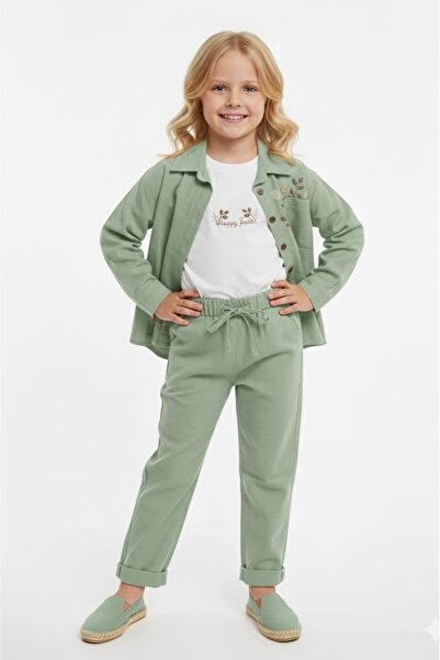 Bebüş Girl's Short Sleeve T-Shirt Woven Pants Embroidery Shirt Set