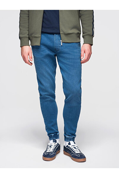 OMBRE Men's Denim Jogger Pants with Elastic Waistband - Blue V1 OM-PADJ-0242