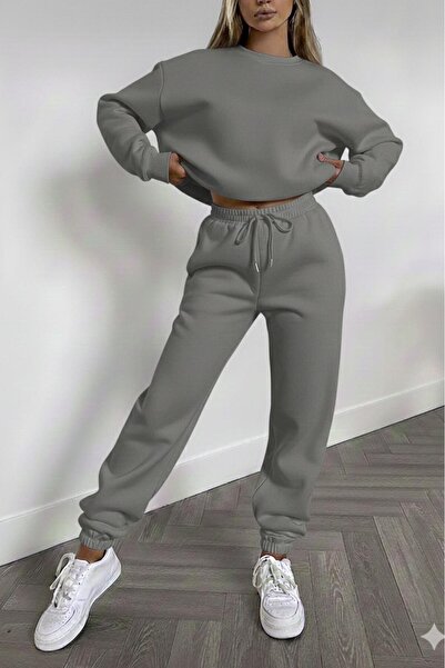 CAST COLLECTİON Women's Nardogri Crew Neck Sweat Tracksuit Bottom Set