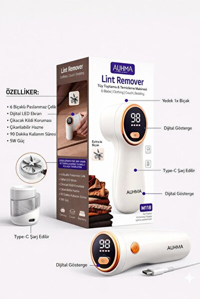 auhma Al-NET Tüy toplayıcı | 6Bıçaklı |Dijital Göstergeli Şarjlı | Ekstra Bıç...