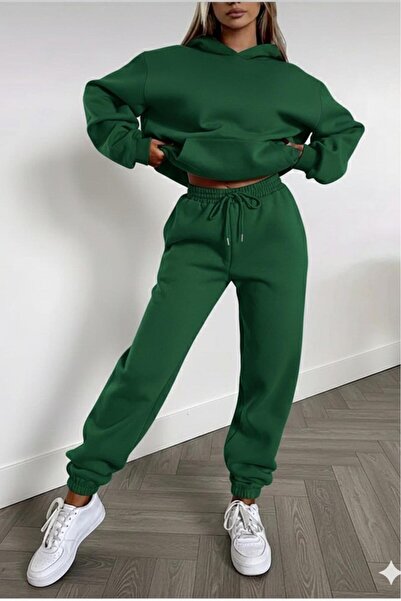 CAST COLLECTİON Women's Green Hooded Sweat Tracksuit Bottom Set