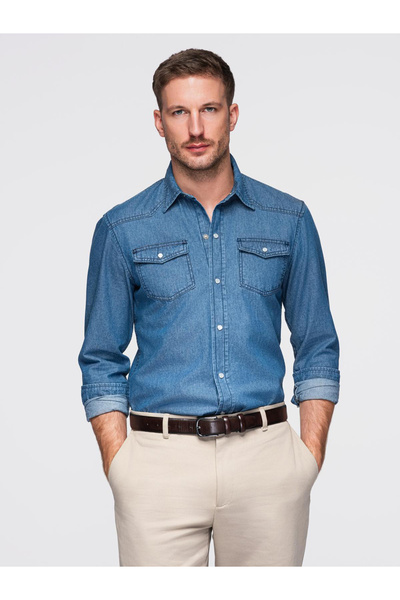 OMBRE Pánská džínová košile s knoflíky a kapsami - modrá V2 OM-SHDS-0210