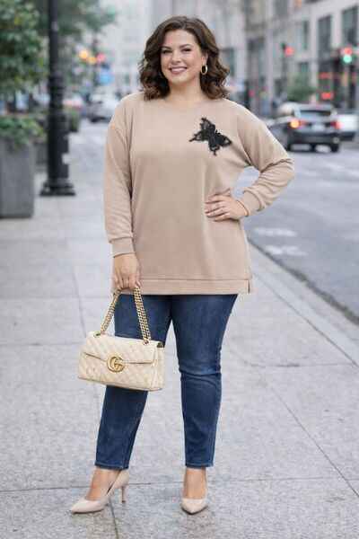 OYERGA MODA Women's Plus Size Butterfly Appliqué Oversized Sweatshirt
