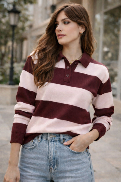 RTD&VLD Kadın Vita-271 Polo Yaka Çizgili Triko Kazak Bordo