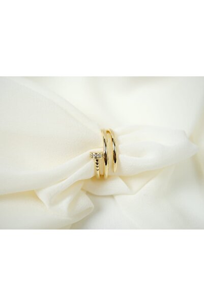 ATELİER TUĞBA خاتم نسائي قابل للتعديل YZK154 بلون ذهبي مع تفاصيل حجرية