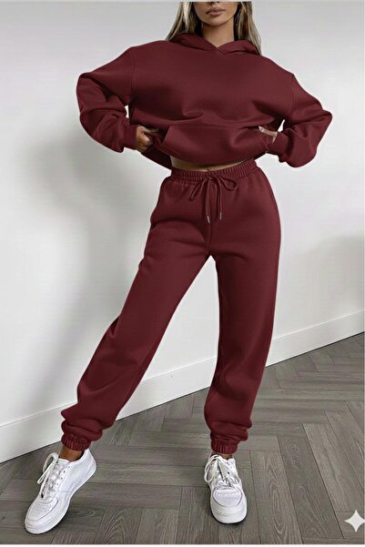 CAST COLLECTİON Women's Burgundy Hooded Sweat Tracksuit Bottom Set