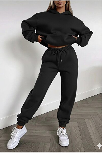 CAST COLLECTİON Women's Black Hooded Sweat Tracksuit Bottom Set