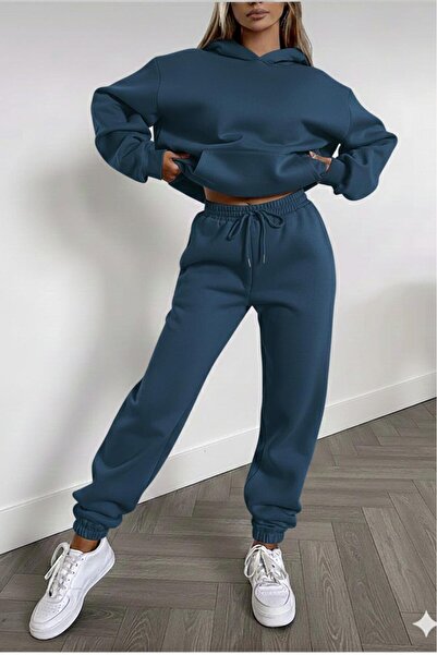 CAST COLLECTİON Women's Petrol Blue Hooded Sweat Tracksuit Bottom Set