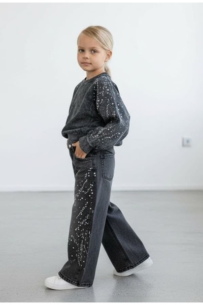 Pinkitokids Washable Stone Sweatshirt and Jeans Pants Girls' Set