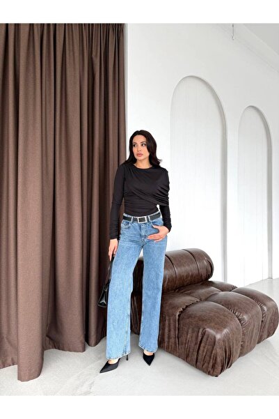 LOCH BUTİK Дамска черна туника с дълги ръкави и набори