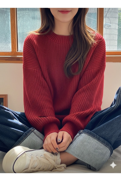 FAVORİST Tri̇ko Knitted O Oversized Crew Neck Sweater