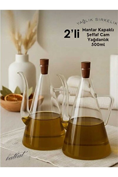 BATBAT 500ml Mantar Kapaklı Şeffaf Cam İbrik Yağdanlık Tasarım Borosilikat Ca...