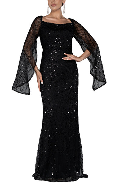 Arden Uzun Abiye, Kadın Siyah/Lacivert Payetli Uzun Kol Boncuk İşleme Balık E...