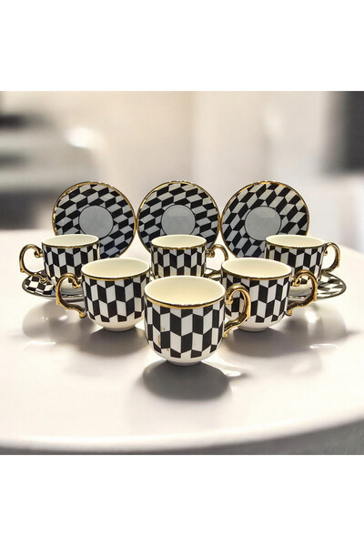 Sudedi Home Siyah Beyaz Geometrik Desenli 6’lı Türk Kahvesi Fincan Takımı