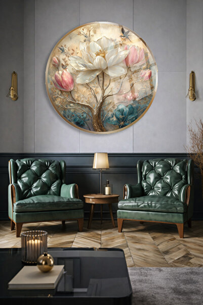 TAULART Lotus and Pink Flower Round Modern Unbreakable Glass Wall Painting Ul...