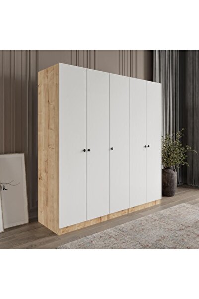 Afilli Yıldız 5 Kapaklı 2 Çekmeceli Giyinme Dolabı Tamamı Mdf Led Askılıklı