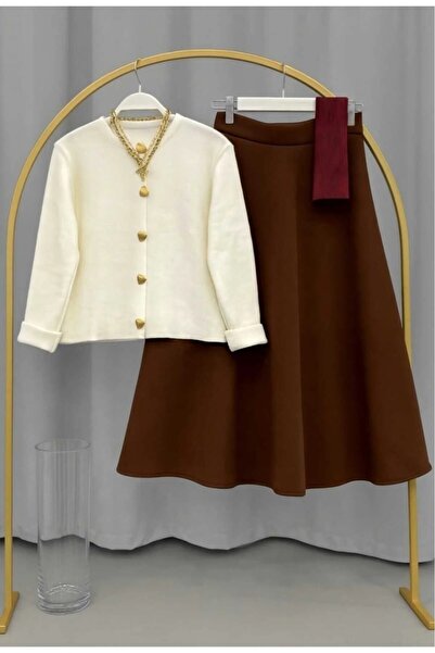 modapark.ist Women's Heart Pattern Knitwear Cardigan and Scuba Skirt Set