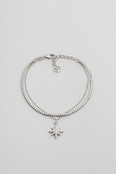 So CHIC... Kutup Yıldızı 18 Ayar Beyaz Altın Kaplama 19 Cm Gümüş İkili Bileklik