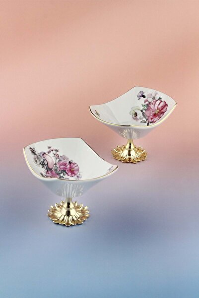 Bursa Porselen Dekor Peony 2 adet altın yaldızlı metal ayaklı porselen çerezlik