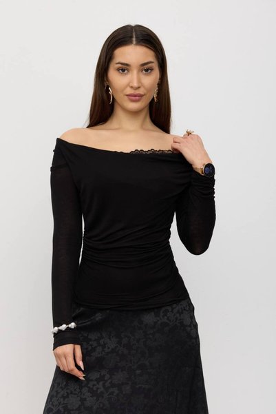 ÇEÇİM Women's Lace Detailed Boat Neck Long Sleeve Blouse Zyn-58871