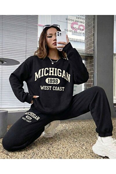 LELVANİ Michigan 1898 West Coast Written Pattern Print-Crewneck Sweatshirt Set