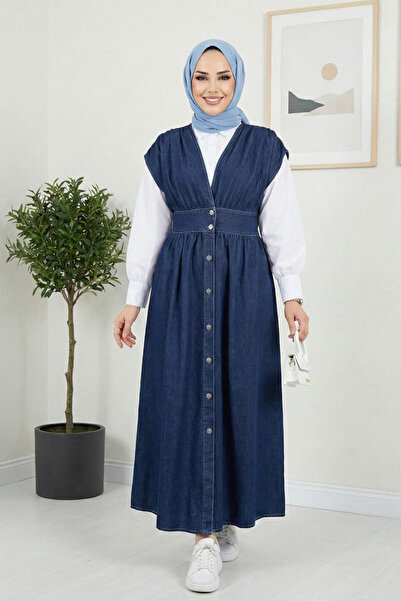 Hb Harma Time Butik Women's V-Neck Buttoned Dark Denim Blue Gilet