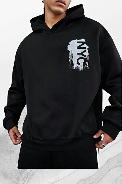 NO 601 Men's Black Nyc Printed Hooded Sweatshirt