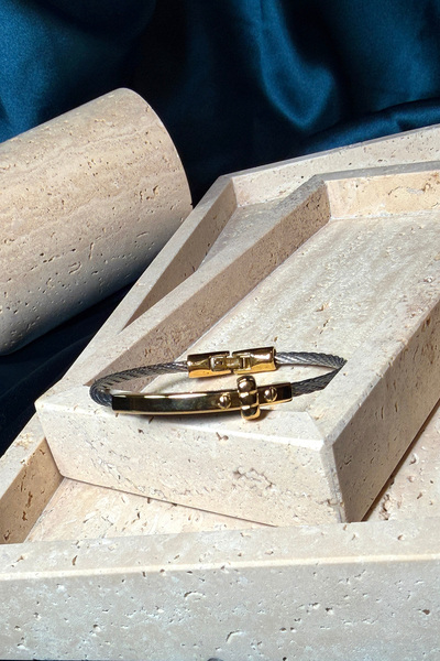 MOONİ ACCESSORİES Rope Model Gold Color Detailed Men's Steel Handcuff Bracelet