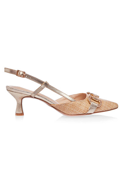 MANGATA Gold Raffia Sandals with Crystals and Low Heels