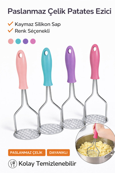 ARVALE Renkli Plastik Saplı Paslanmaz Metal Patates Ezici Püre Yapıcı