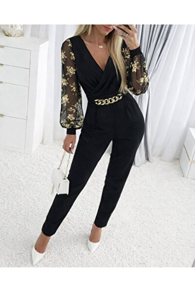 JANES Дамски комбинезон с дълги ръкави, кръстосан яка и ръкави с флорални мотиви