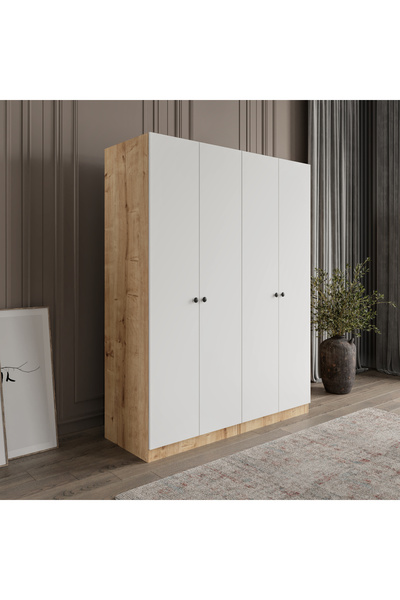 Afilli Yonca 4 Kapaklı 2 Çekmeceli Tamamı Mdf Giyinme Dolabı Safir meşe Ledli...