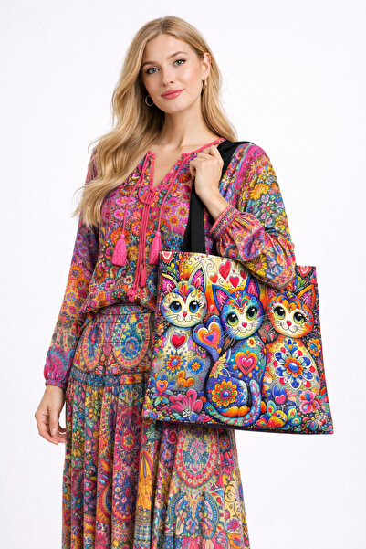 İZYA Patterned Handbag Makeup Bag Set Daily Casual Use