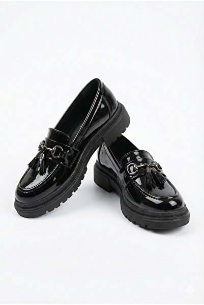 Bitmedeniste Women's Black Patent Leather Tasseled Buckle Moccasin Shoes - 3 ...