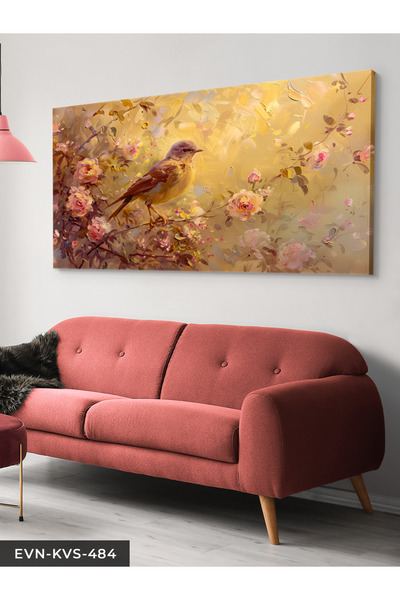 Evinemoda Pembe Çiçekler ve Kuş Tek Parça Kanvas - Canvas Tablo