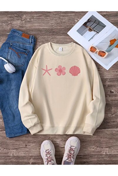FUFLUNS Sea Star Flower Printed Oversize Unisex Women/Men Crop Neck Sweatshirt